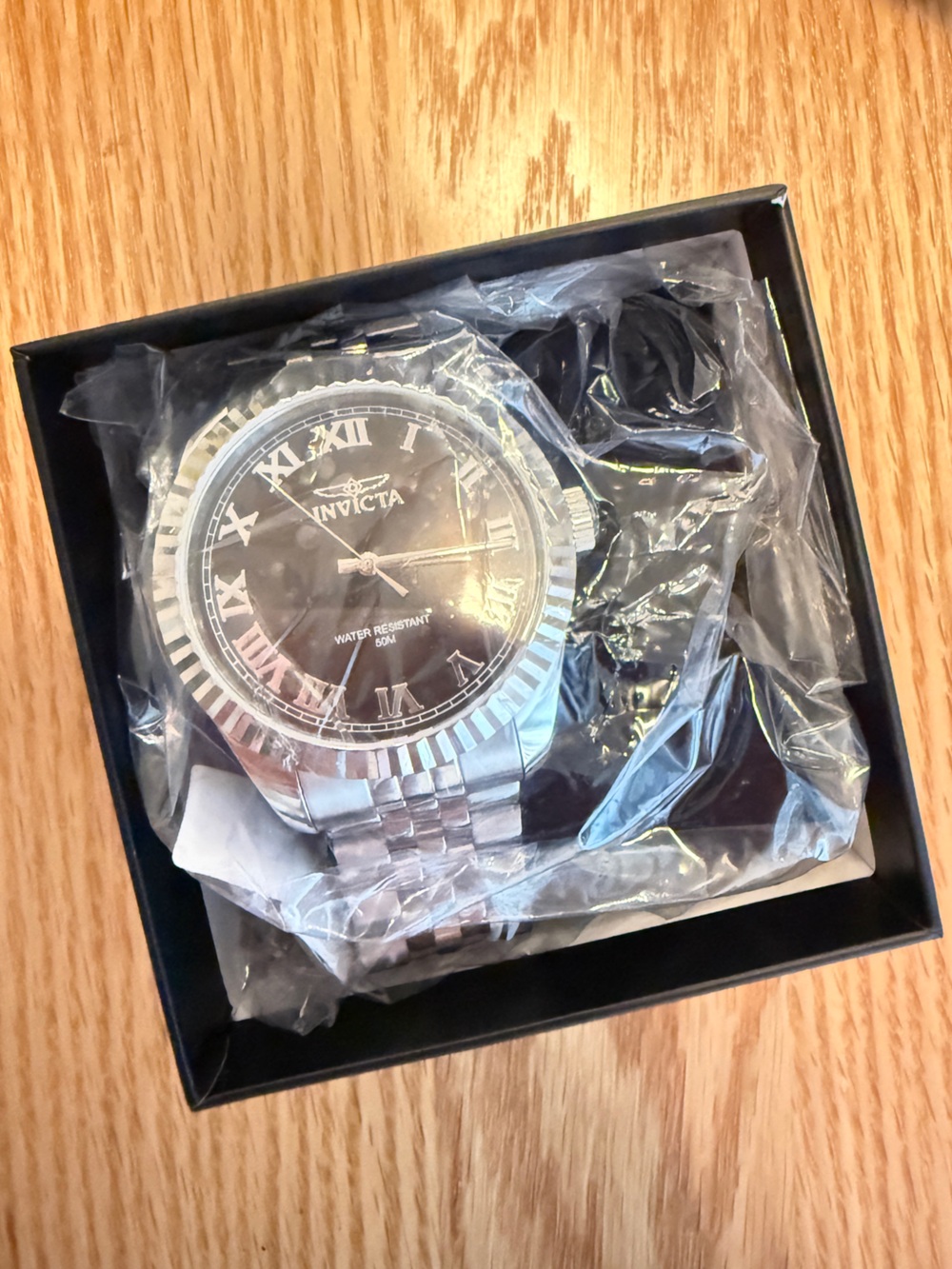 Invicta Men’s Silver Tone Watch Black Dial Roman Numerals NIB